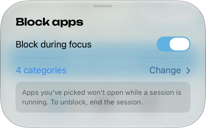 The Block apps sheet in Moment on iPhone, with Block during focus turned on, 4 categories chosen and the note: Apps you've picked won't open while a session is running. To unblock, end the session.